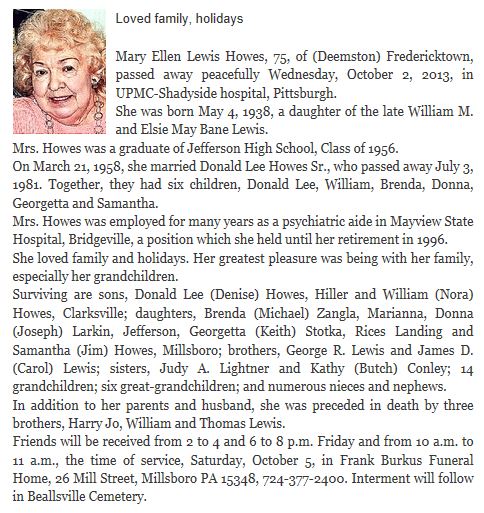 Mary Ellen Lewis Howes obit